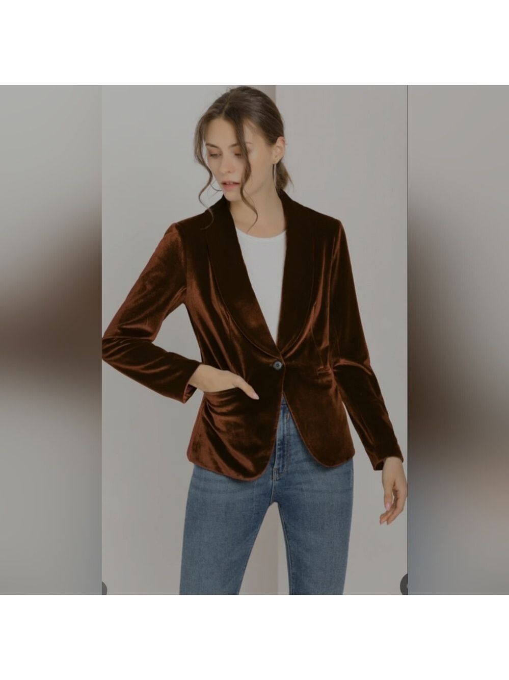 Allegra K | Solid Shawl Collar Single Button Brown Velvet Blazer | Size S - Picture 3 of 8